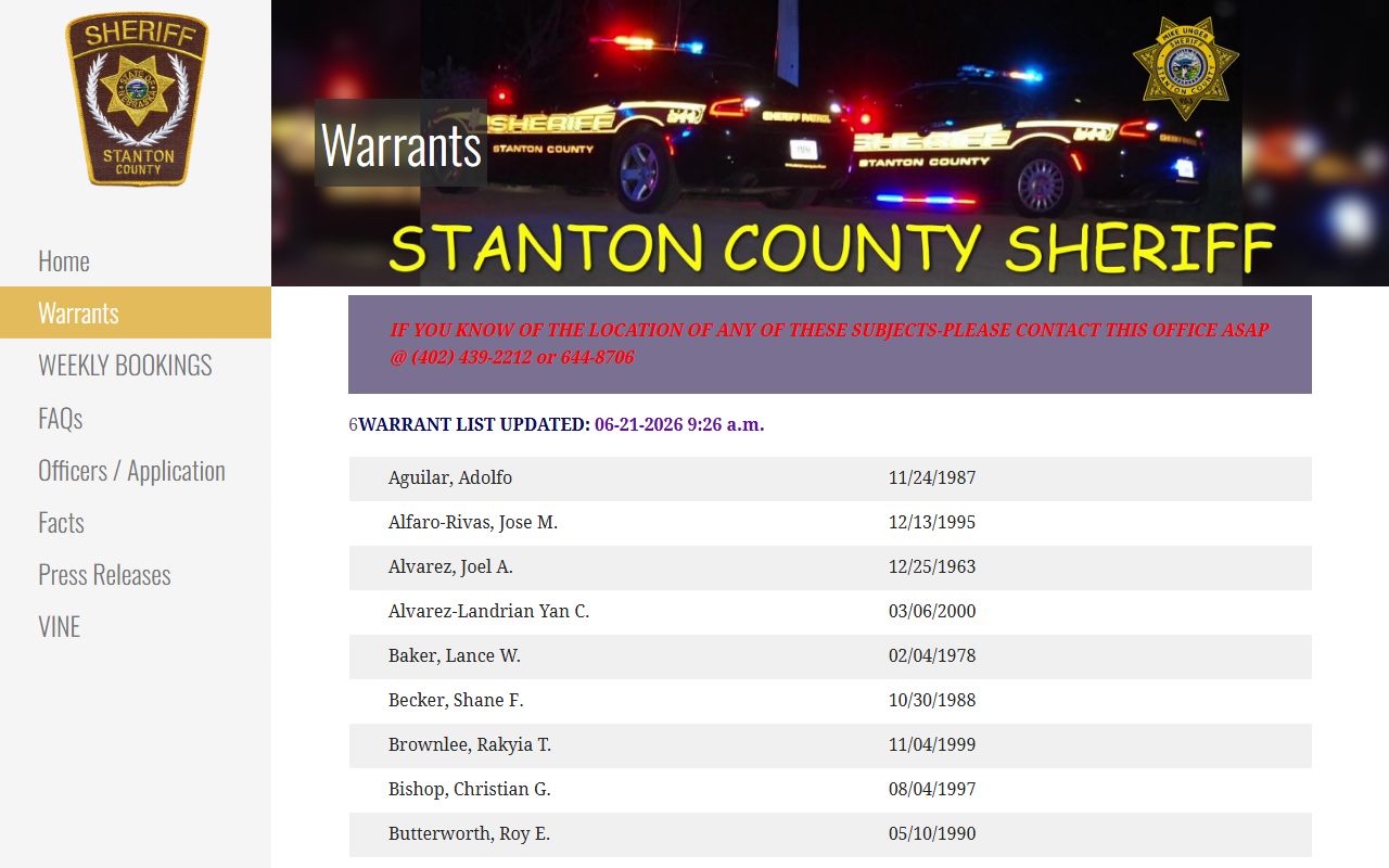Stanton County inmate records warrant list fields