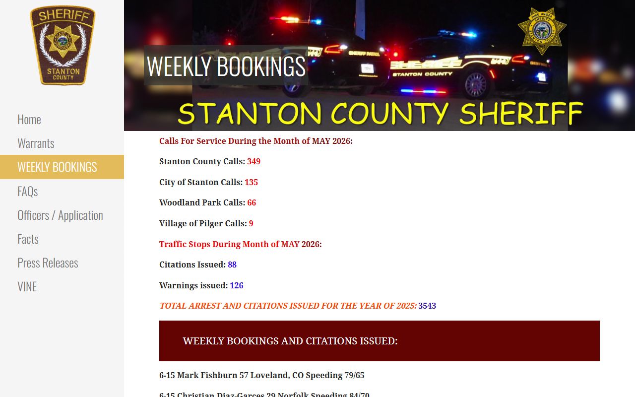 Stanton County inmate records weekly bookings and citations page
