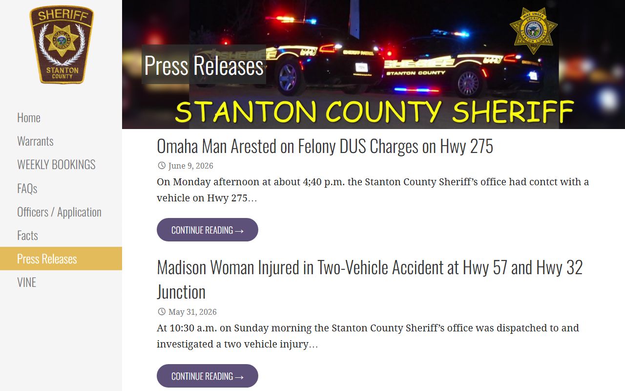 Stanton County jail mugshots press release arrest records archive